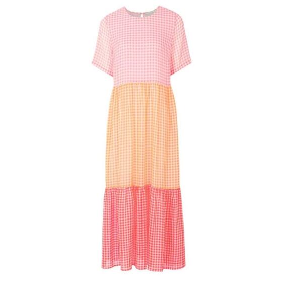Never Fully Dressed Dresses & Skirts - Never Fully Dressed Pink, Yellow and Coral Gingham Tiered Midi Dress